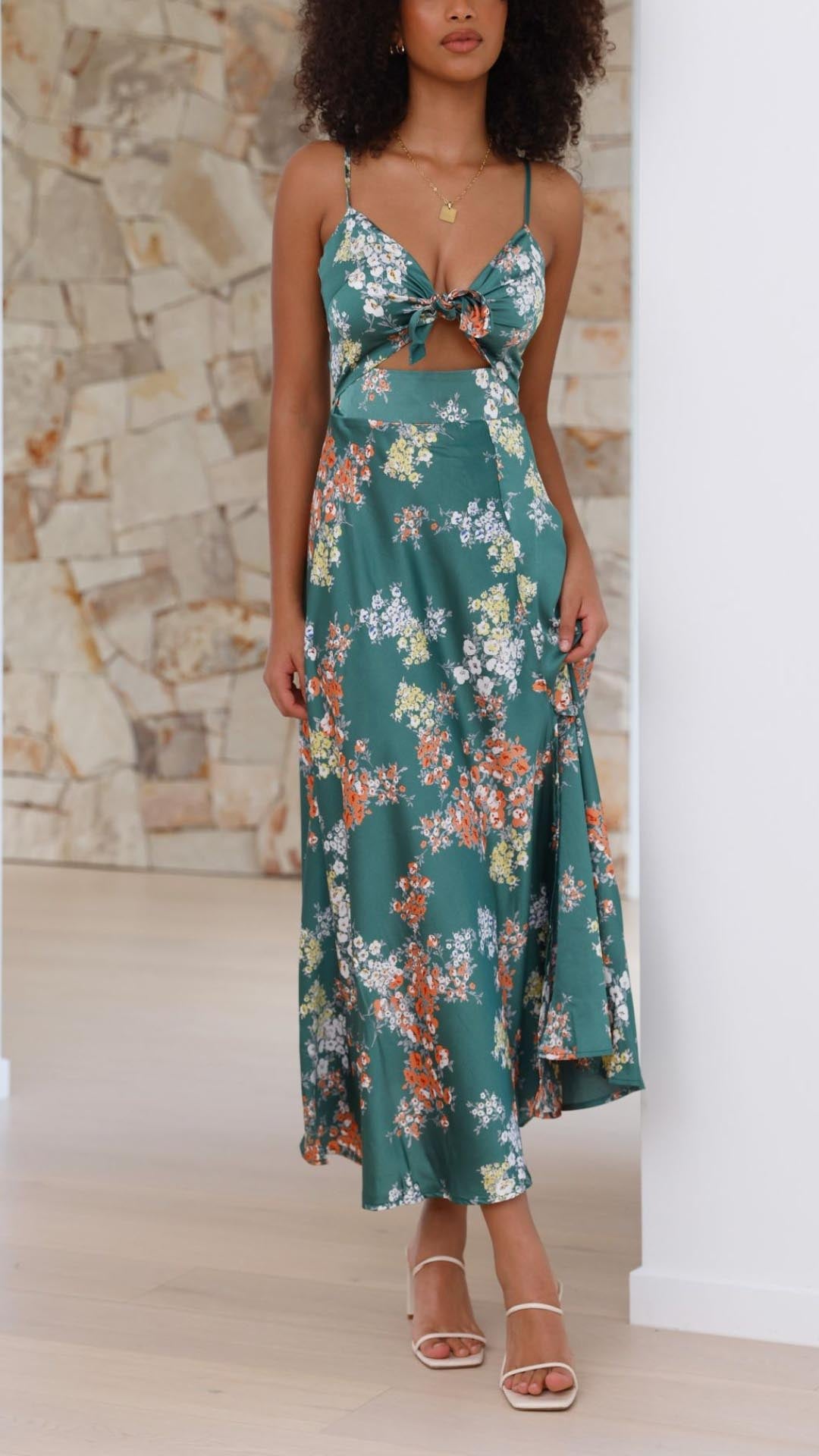 NOUVEAU RICHE Satin Floral Split Chest Knot Cutout MidiKleid Frontschlitz
