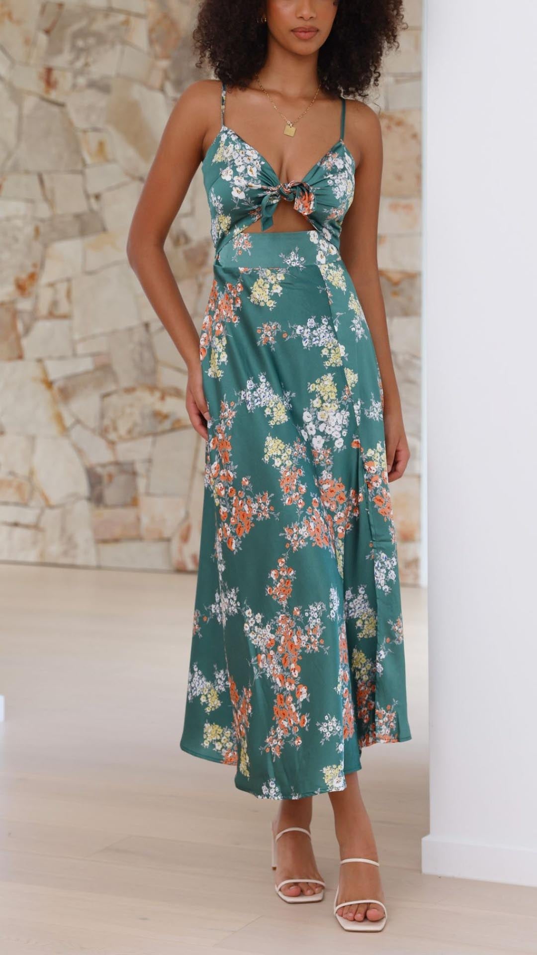 NOUVEAU RICHE Satin Floral Split Chest Knot Cutout MidiKleid Frontschlitz Blau