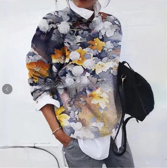 NOUVEAU RICHE Damen Modischer Blumenpullover Stilvolles Blumenmuster Baumwolle Wolken