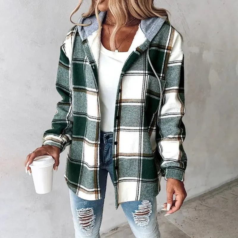 NOUVEAU RICHE Karierte Jacke mit Kapuze – Damen Karojacke mit Kapuze, wärmend & bequem, 6 Farben, S–2XL – Damaris Grün