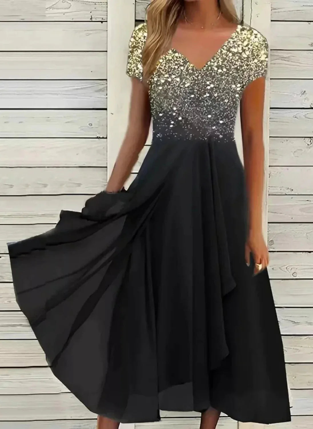 NOUVEAU RICHE Damenkleid Sommer Florales Muster Bequeme Passform Elegant Gold Schwarz
