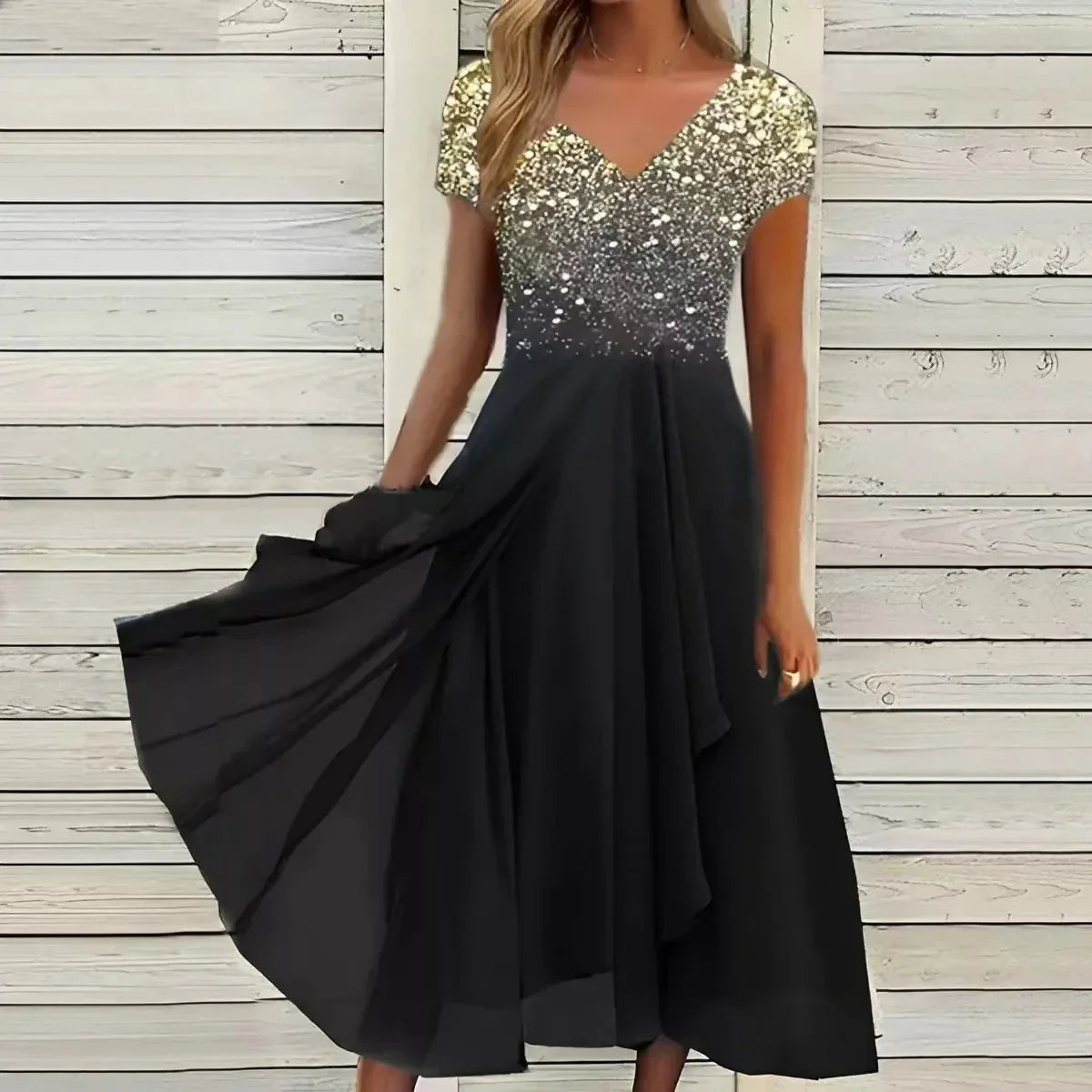 NOUVEAU RICHE Damen Chiffon Partykleid Exquisiten Stoff Stilvolles Design Gold Schwarz