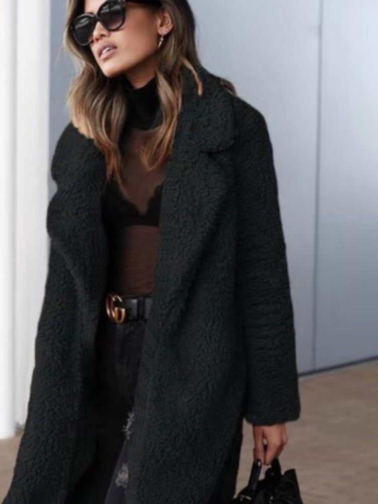 NOUVEAU RICHE Teddy Mantel Versteckte Tasche Weiches Futter Bequem - Winterjacke - Wintermäntel Damen Schwarz