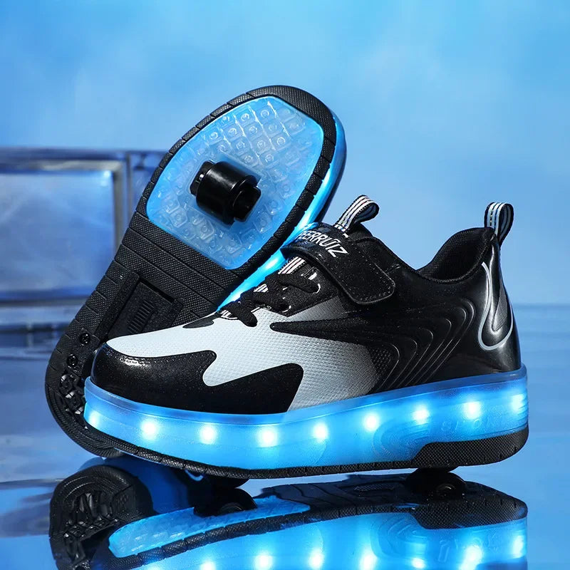NOUVEAU RICHE LED-Rollschuh-Sneaker für Kinder – Leuchtende Schuhe mit Rollen & Klettverschluss, 4 Farben, Gr. 28–39 812 Schwarz