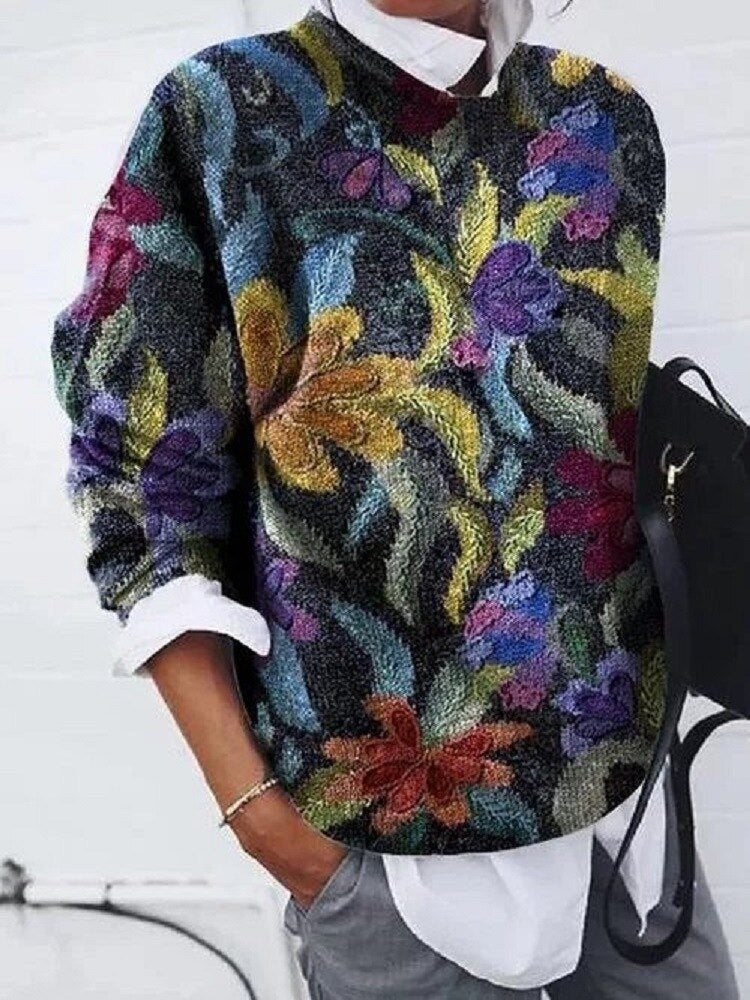 NOUVEAU RICHE Damen Modischer Blumenpullover Stilvolles Blumenmuster Baumwolle Bunte Blume