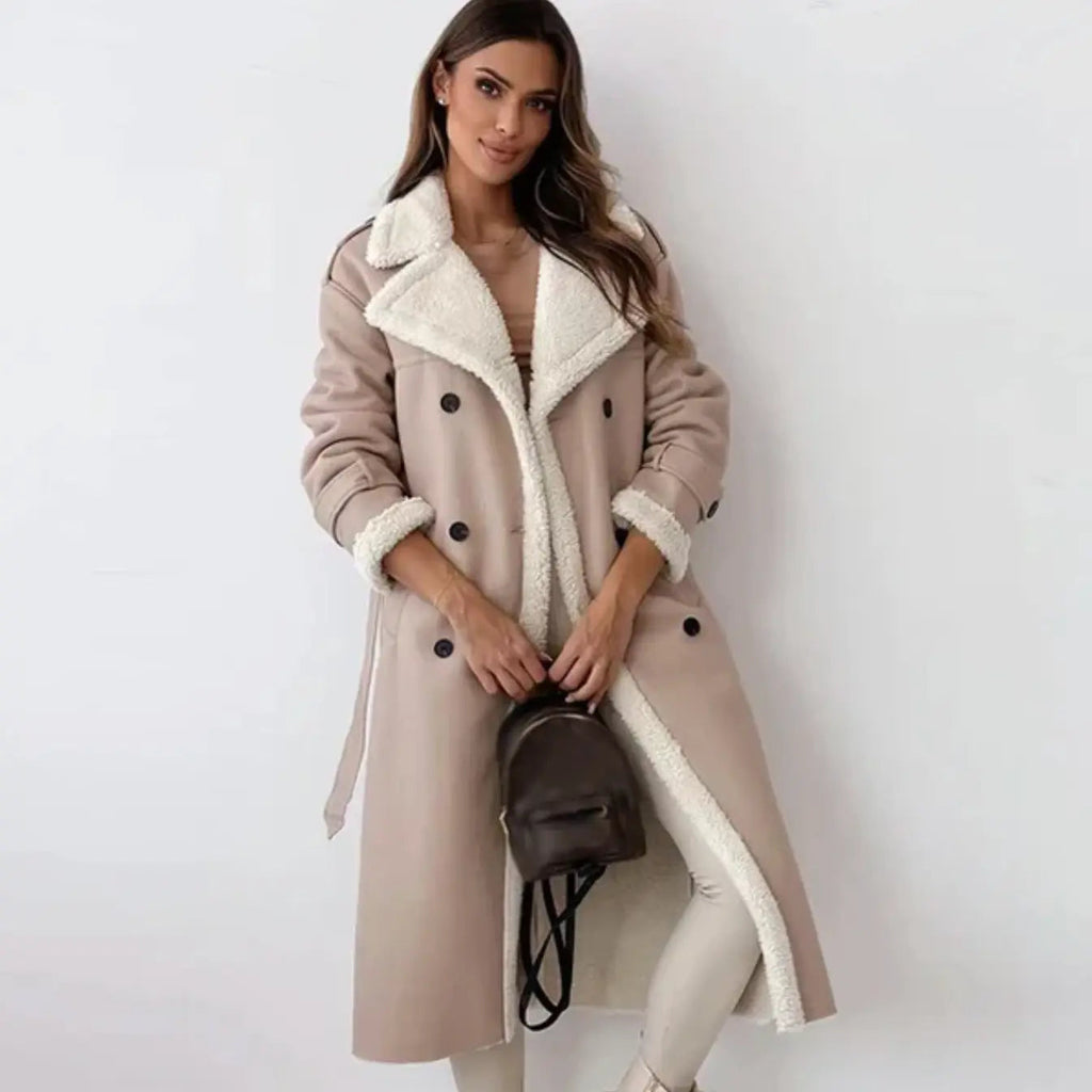 NOUVEAU RICHE Luna | Dame Lange Klassische Jacke mit Fleece-Futter & Teddykragen - Warmer Wintermantel Aprikose