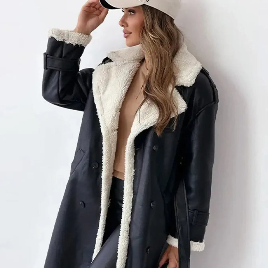 NOUVEAU RICHE Luna | Dame Lange Klassische Jacke mit Fleece-Futter & Teddykragen - Warmer Wintermantel