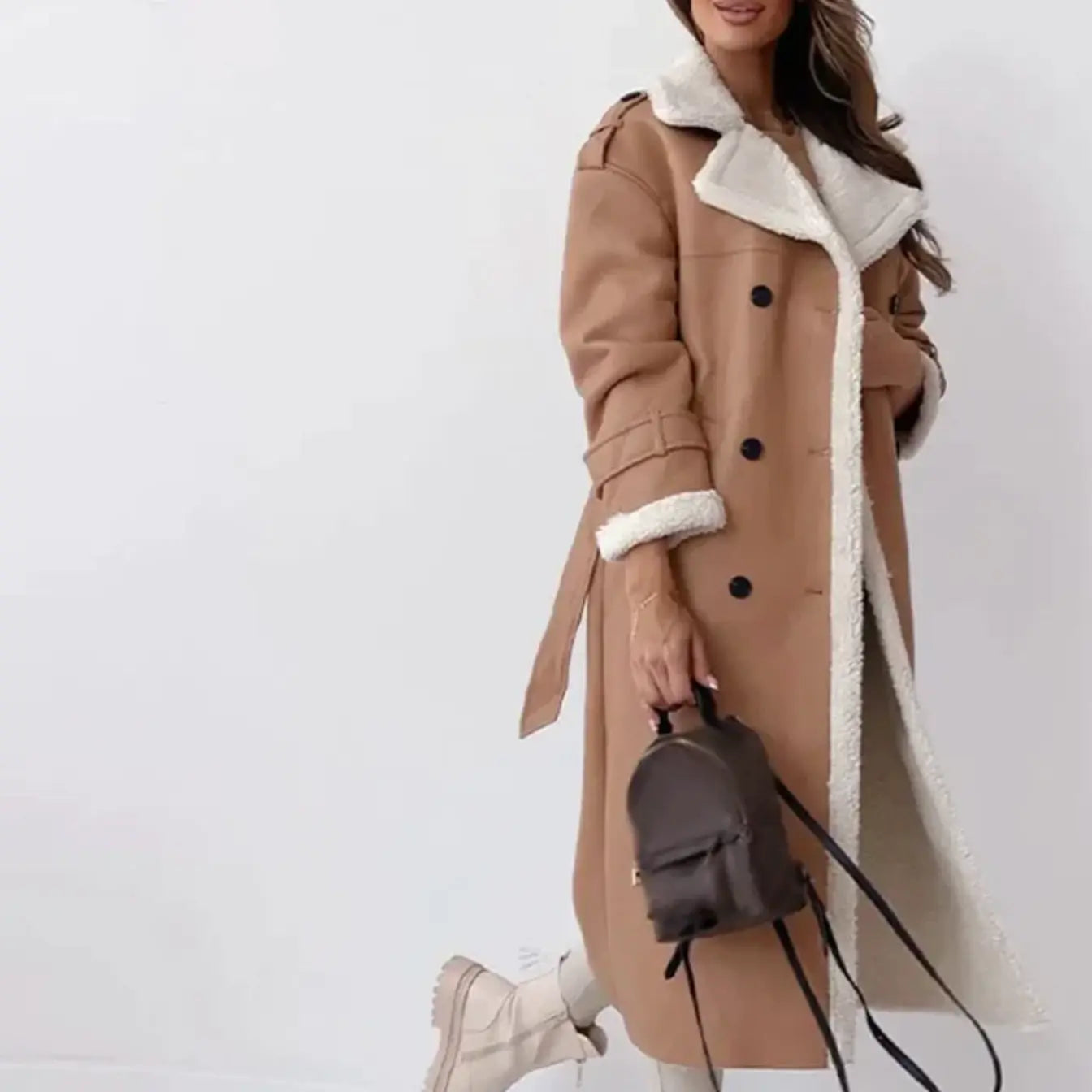 NOUVEAU RICHE Luna | Dame Lange Klassische Jacke mit Fleece-Futter & Teddykragen - Warmer Wintermantel