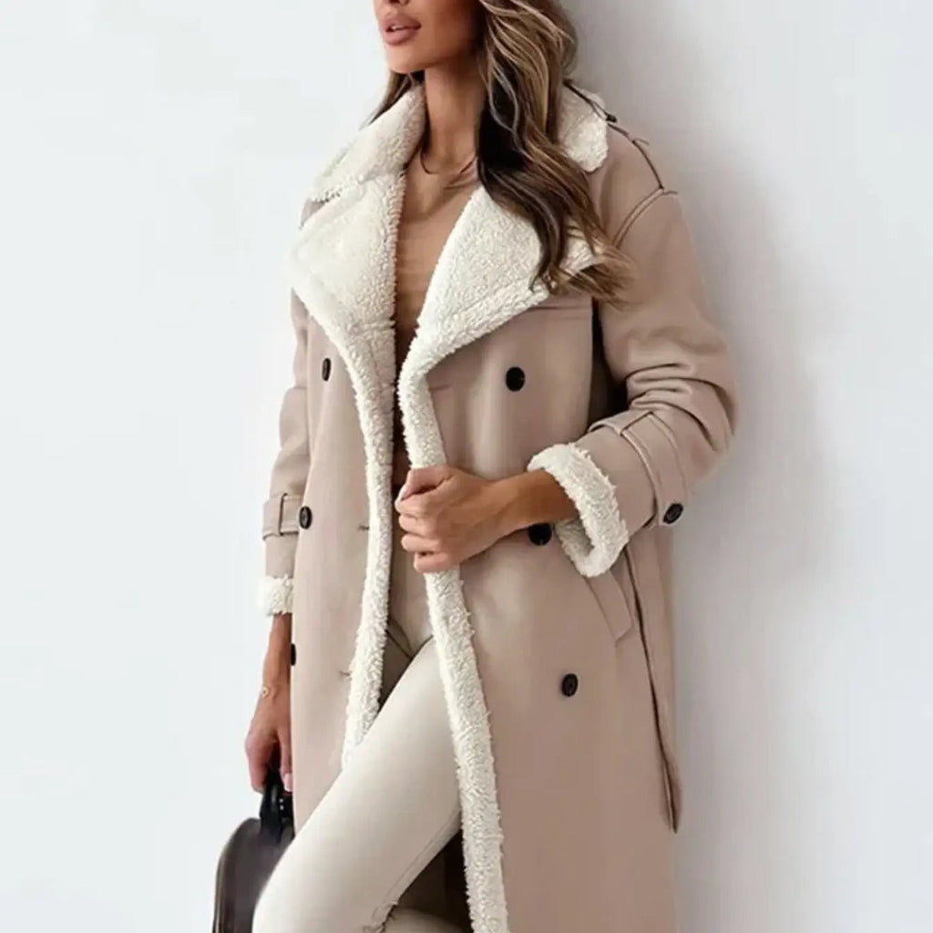 NOUVEAU RICHE Luna | Dame Lange Klassische Jacke mit Fleece-Futter & Teddykragen - Warmer Wintermantel