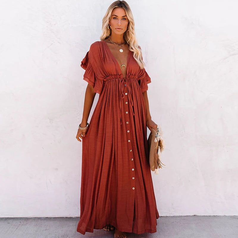 NOUVEAU RICHE Schickes Langes Bohemian Kleid Rostrot Terrakotta Sommerlook