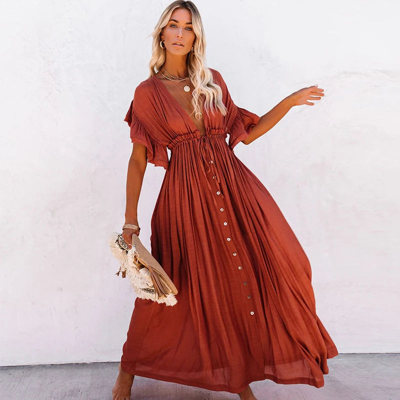 NOUVEAU RICHE Schickes Langes Bohemian Kleid Rostrot Terrakotta Sommerlook