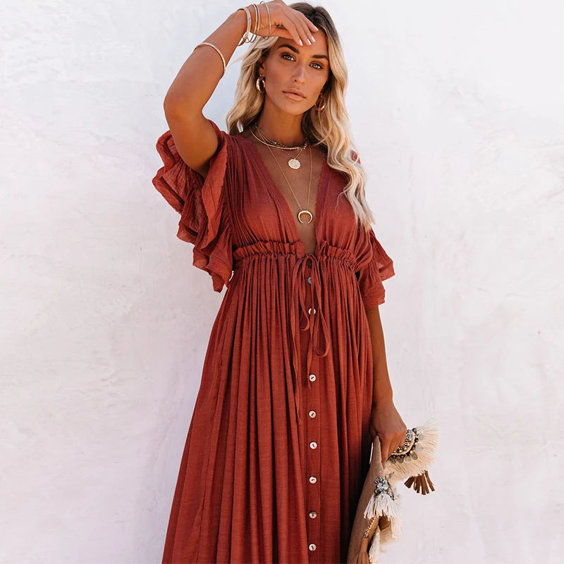 NOUVEAU RICHE Schickes Langes Bohemian Kleid Rostrot Terrakotta Sommerlook
