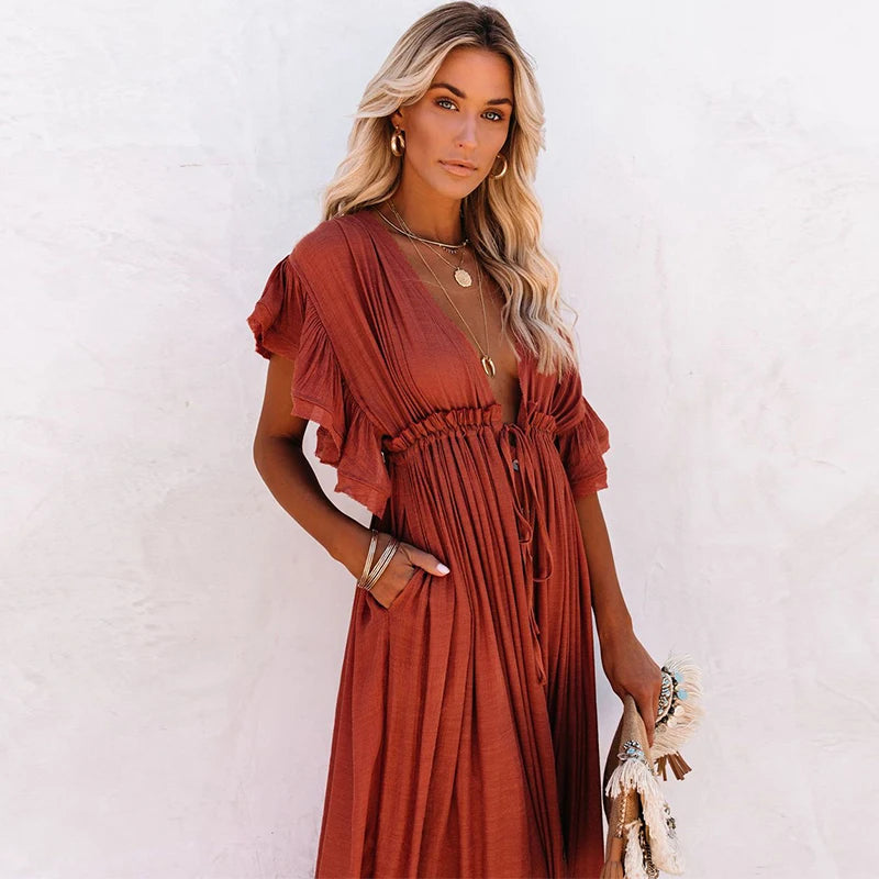 NOUVEAU RICHE Schickes Langes Bohemian Kleid Rostrot Terrakotta Sommerlook