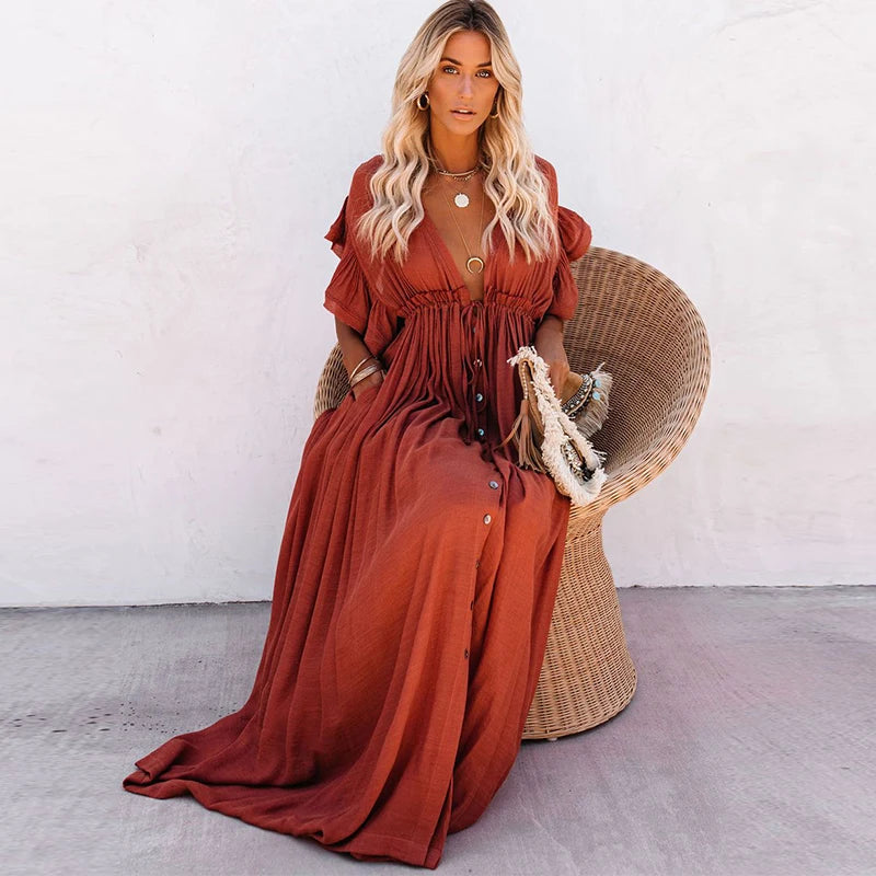 NOUVEAU RICHE Schickes Langes Bohemian Kleid Rostrot Terrakotta Sommerlook
