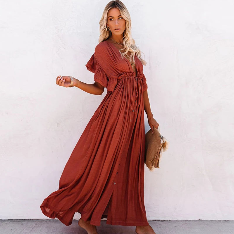 NOUVEAU RICHE Schickes Langes Bohemian Kleid Rostrot Terrakotta Sommerlook