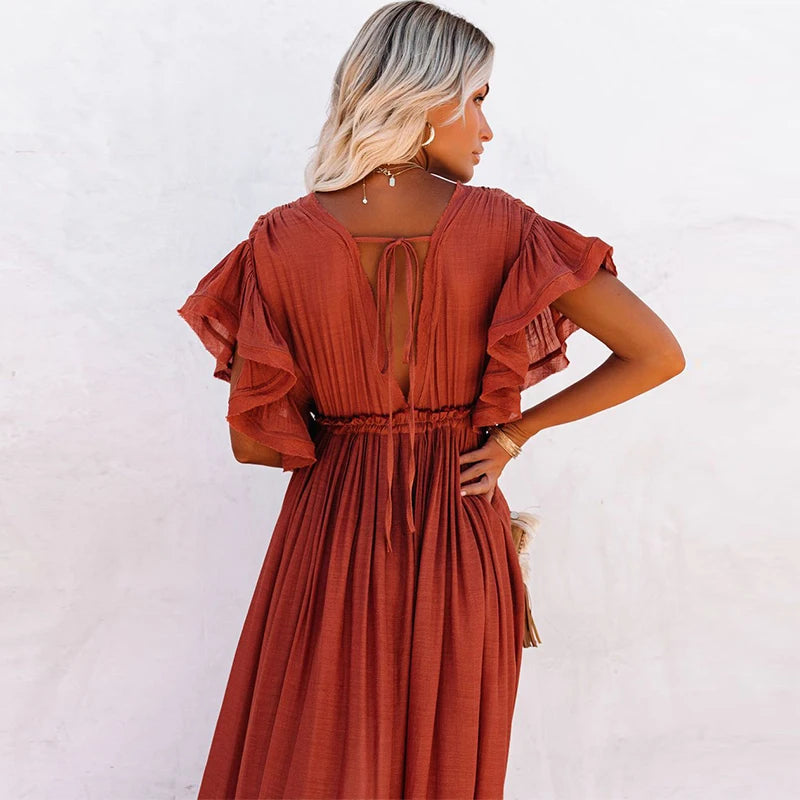 NOUVEAU RICHE Schickes Langes Bohemian Kleid Rostrot Terrakotta Sommerlook
