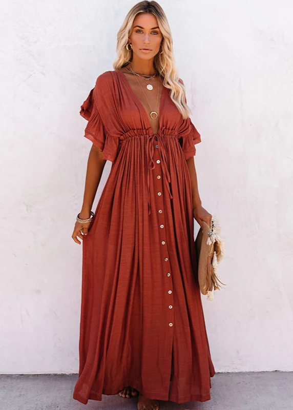 NOUVEAU RICHE Schickes Langes Bohemian Kleid Rostrot Terrakotta Sommerlook