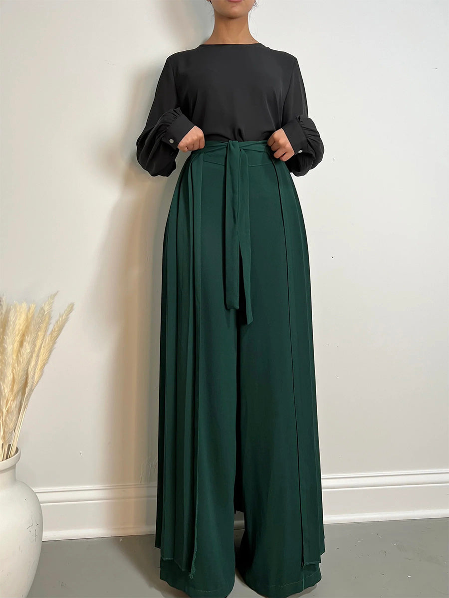 NOUVEAU RICHE Schönes Plissee Overrock Hosen Set Mit Weit Geschnittenen Hosen Und Reißverschluss Aus 100 Prozent Polyester Superweicher Stoff Für Elegante Anlässe Grün