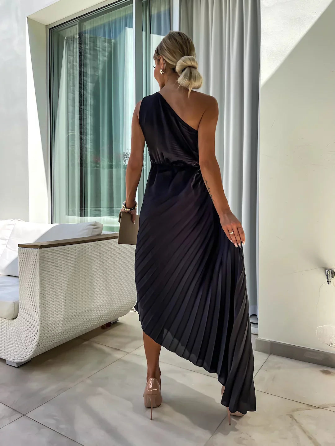NOUVEAU RICHE Schulter-Design Plissee Kleid Mit Blumen Muster Und Falten
