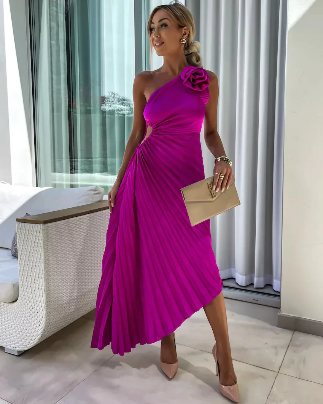 NOUVEAU RICHE Schulter-Design Plissee Kleid Mit Blumen Muster Und Falten Rosenrot