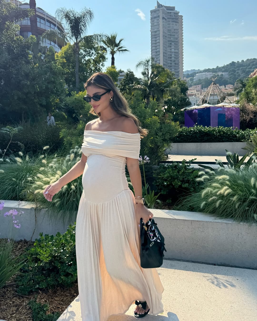 NOUVEAU RICHE Schwangere Off Shoulder Plissiertes Maxikleid Elegant Sommer