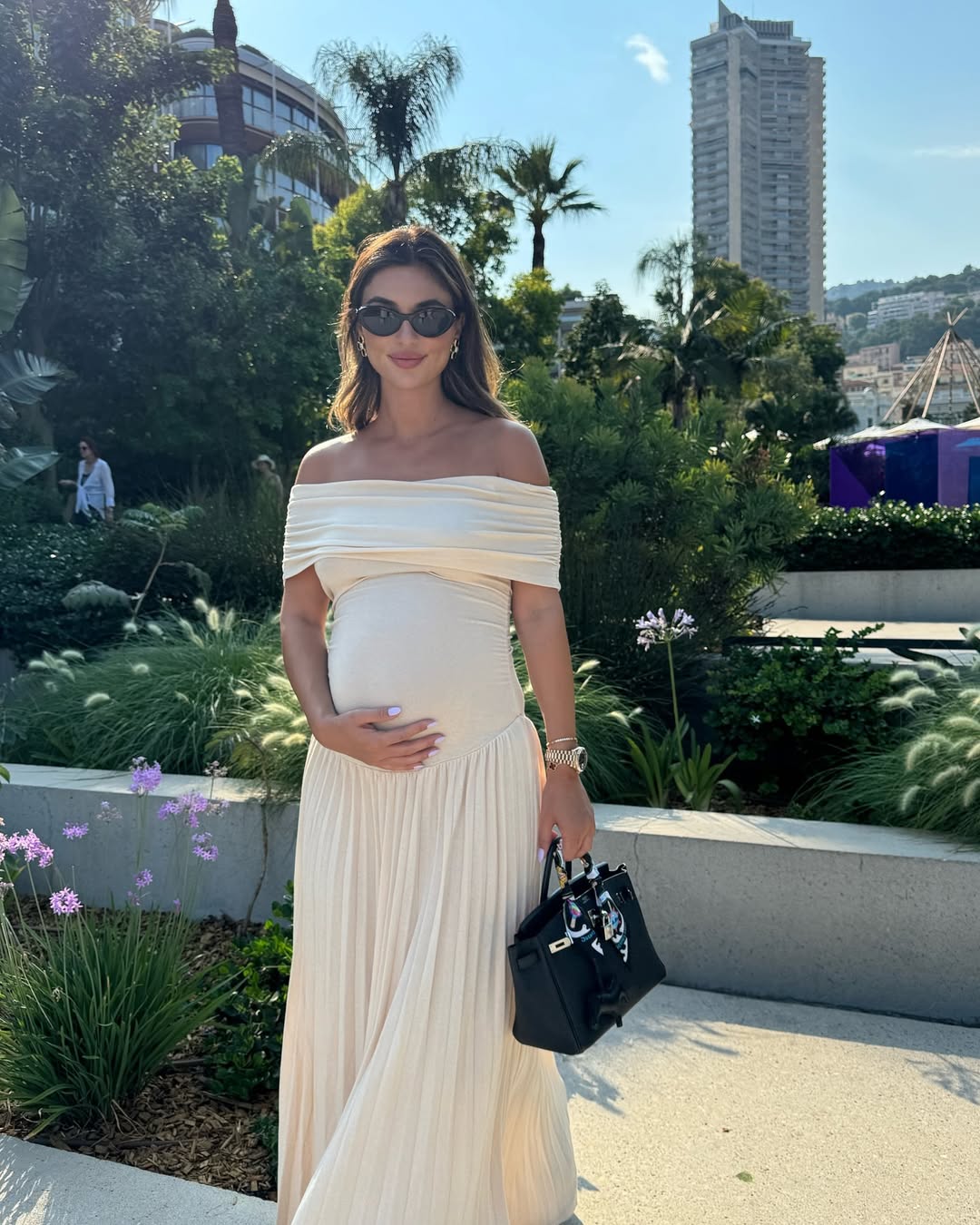 NOUVEAU RICHE Schwangere Off Shoulder Plissiertes Maxikleid Elegant Sommer