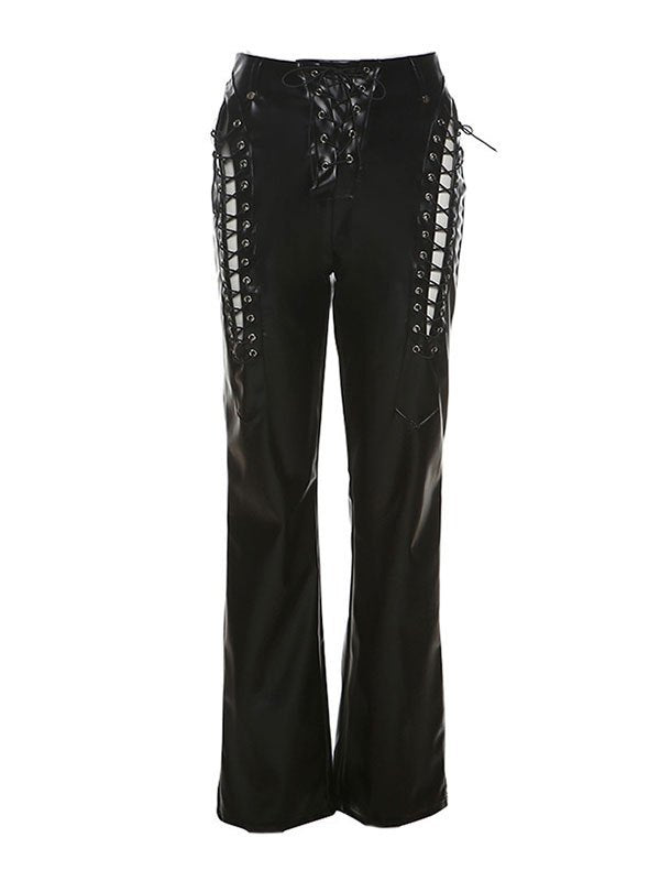 NOUVEAU RICHE Schwarze PU Lederhose Vintage Mit Cut Out Detail Streetwear