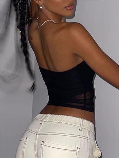 NOUVEAU RICHE Schwarzes Mesh Bandeau Top Mit Einsätzen Slim Fit Stil