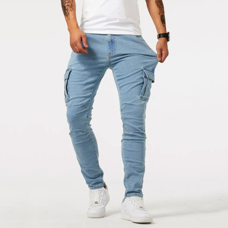 NOUVEAU RICHE Cargo-Hose Denim 4-Wege-Stretch Vielseitige Freizeitlook Hellblau