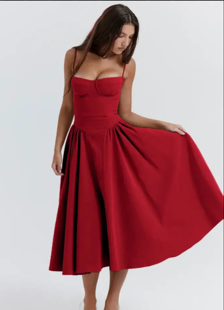 NOUVEAU RICHE Trägerloses Midi Kleid Schick Fließend Für Damen Abendlook Rot