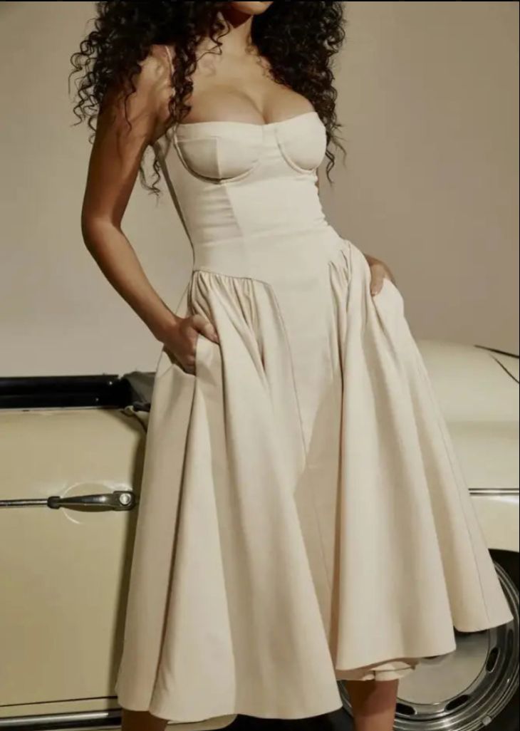 NOUVEAU RICHE Trägerloses Midi Kleid Schick Fließend Für Damen Abendlook Beige