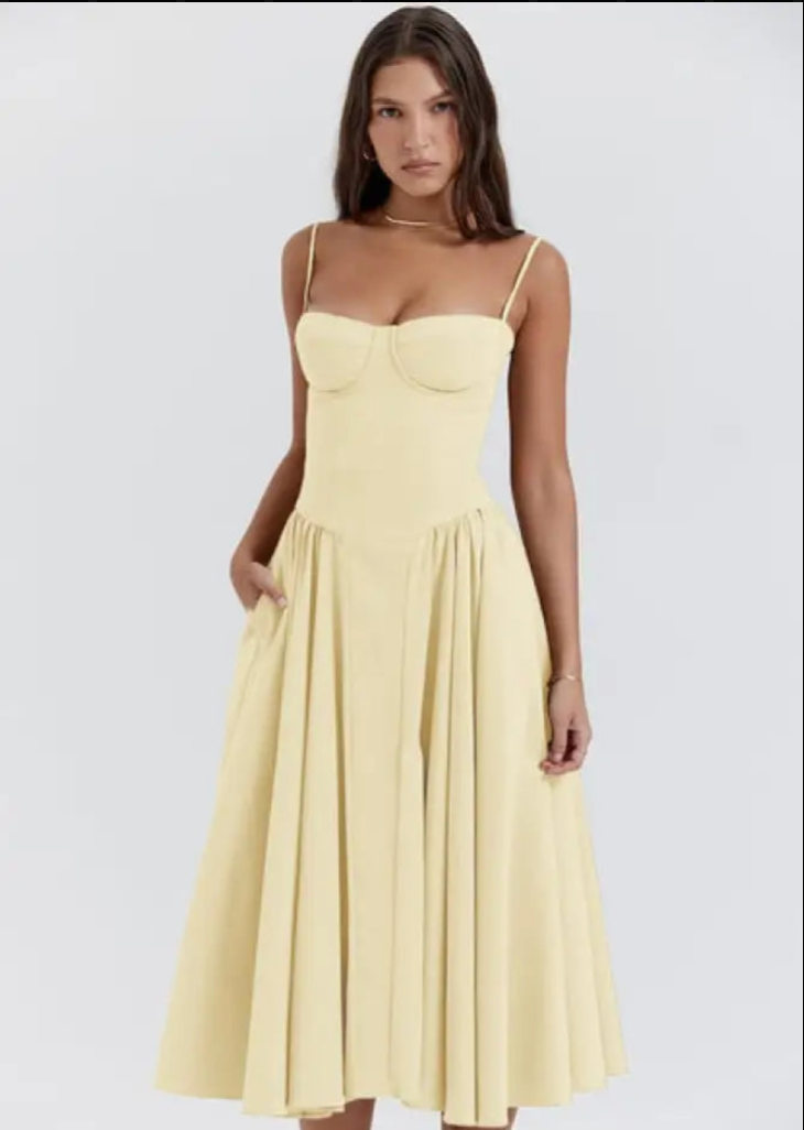 NOUVEAU RICHE Trägerloses Midi Kleid Schick Fließend Für Damen Abendlook Gelb
