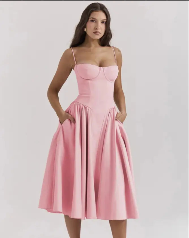 NOUVEAU RICHE Trägerloses Midi Kleid Schick Fließend Für Damen Abendlook Rosa
