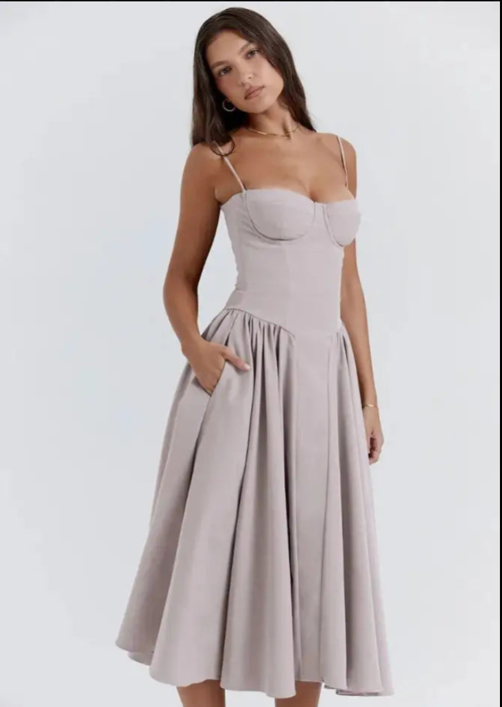 NOUVEAU RICHE Trägerloses Midi Kleid Schick Fließend Für Damen Abendlook Grau