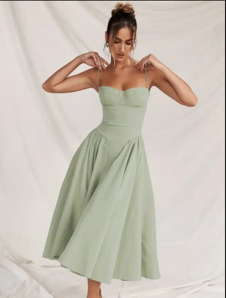 NOUVEAU RICHE Trägerloses Midi Kleid Schick Fließend Für Damen Abendlook Grün