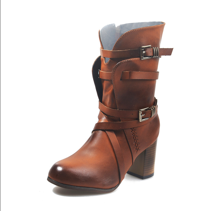 NOUVEAU RICHE Lederstiefel Damen Schwarzes Leder Schnallen-Detail Rötlichbraun