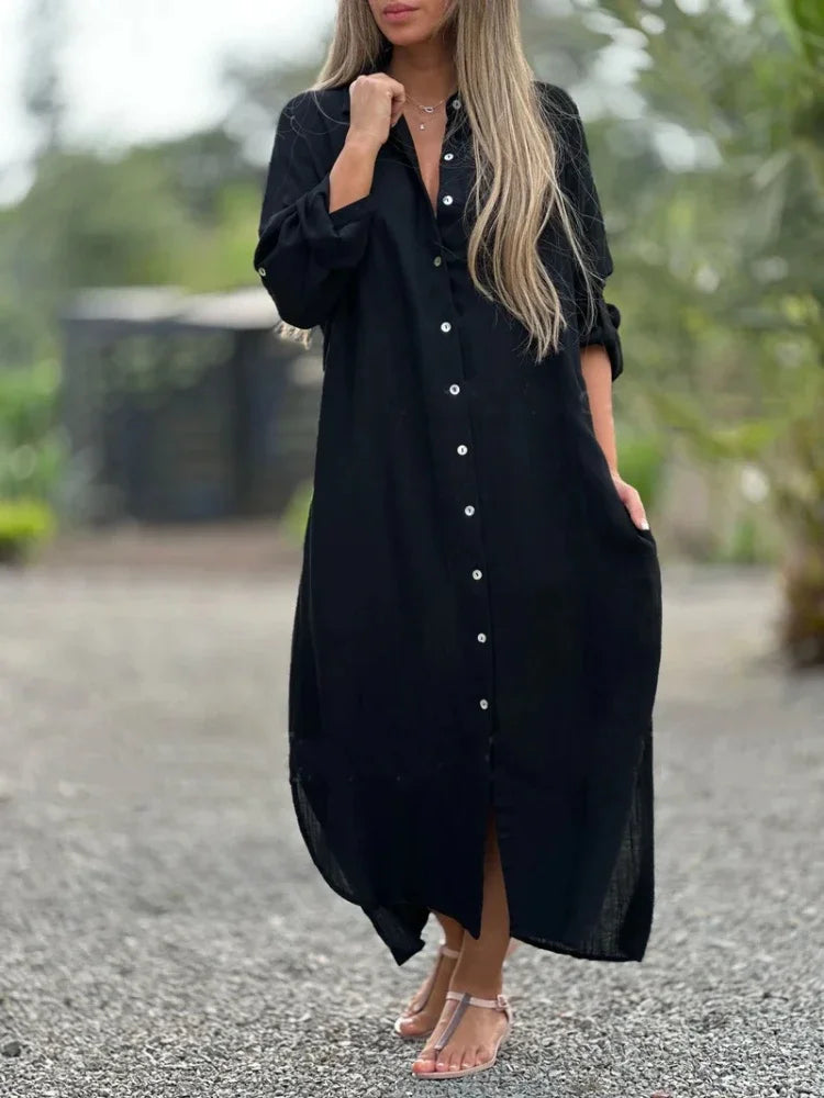 NOUVEAU RICHE Pamelo | Maxikleid mit langärmligem Hemdblusen-Design Schwarz