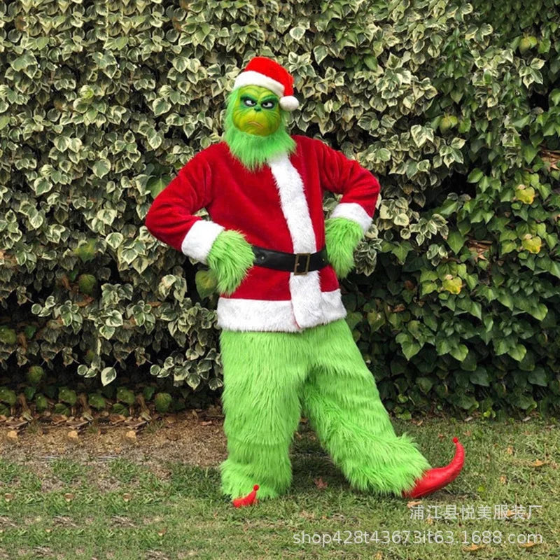 NOUVEAU RICHE Grünes Weihnachtskostüm Erwachsene – Komplettes Kostüm mit Maske, Mütze & Handschuhen für Weihnachtsfeier & Theater, S-3XL
