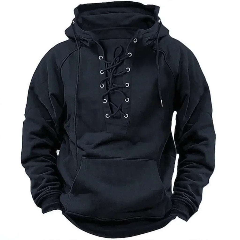 NOUVEAU RICHE Herren Hoodie mit Schnürung – Kapuzenpullover mit Schnür-Ausschnitt & Kängurutasche, 6 Farben, S–3XL – Mane Schwarz