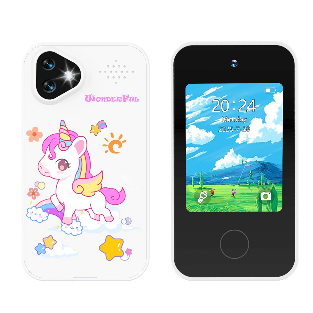 NOUVEAU RICHE Kinder-Smartphone-Spielzeug mit Doppelkamera - 1080P HD-Video & MP3-Musikplayer mit Spielen Pony White