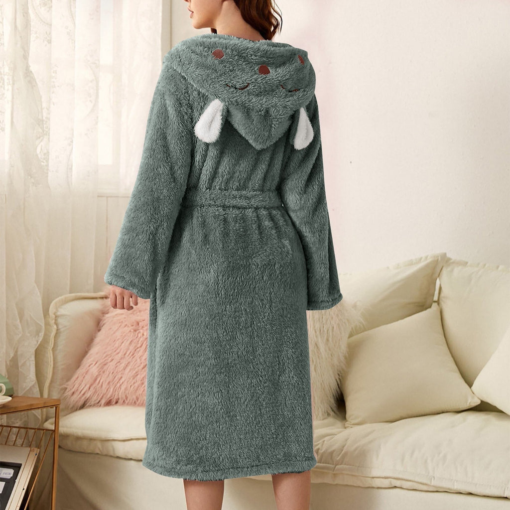 NOUVEAU RICHE Süsser Bademantel mit Tierkapuze – Weicher Plüsch Morgenmantel mit Hasen- oder Fuchskapuze, lang & warm, S–XXL – Zahara