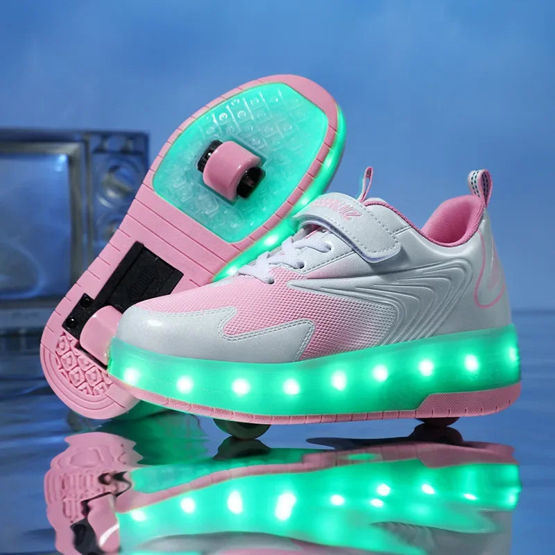 NOUVEAU RICHE LED-Rollschuh-Sneaker für Kinder – Leuchtende Schuhe mit Rollen & Klettverschluss, 4 Farben, Gr. 28–39 812 Rosa