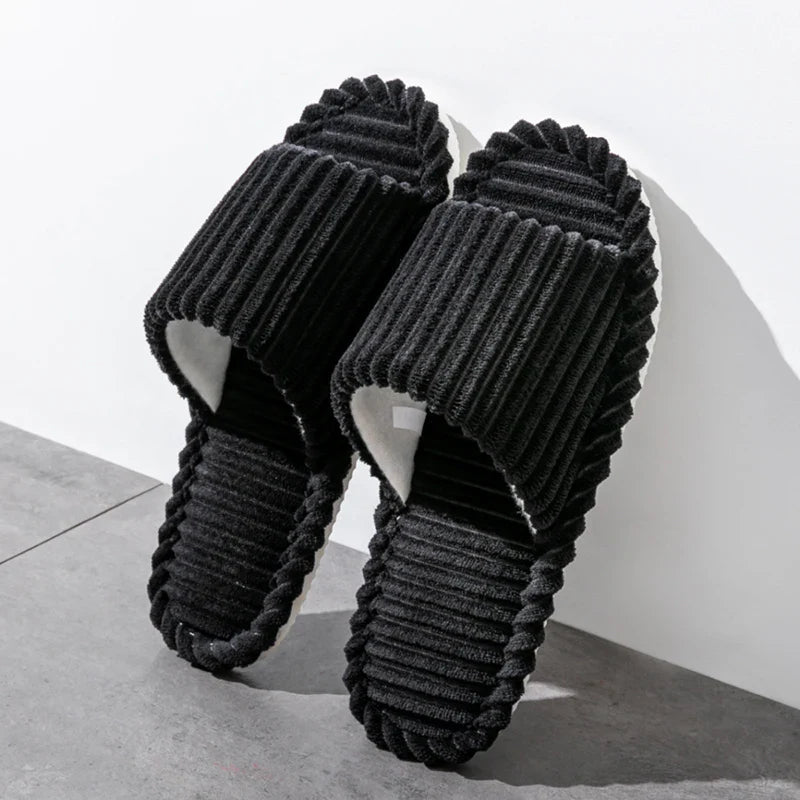 NOUVEAU RICHE Unisex Hausschuhe Mit Offenen Zehen Streifenmuster Wärme Schwarz