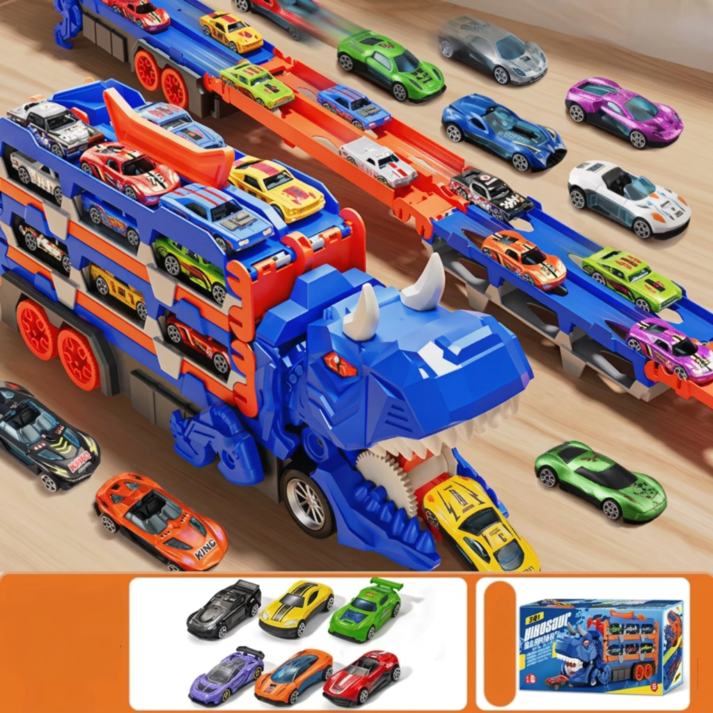 NOUVEAU RICHE Dinosaurier Rennbahn – Spielset, bei dem der Dino zur Autorennbahn wird, mit Aufbewahrung für Rennautos, Spielzeug ab 3 Jahren