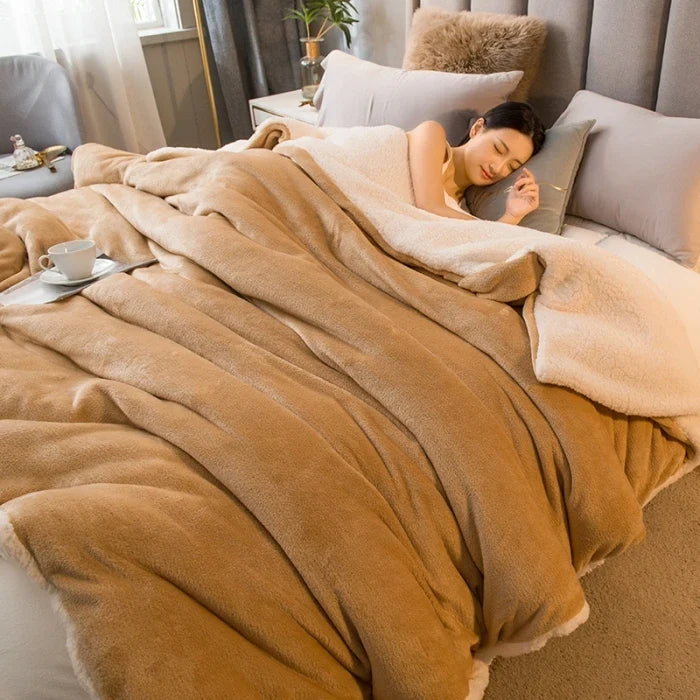 NOUVEAU RICHE Doppelseitige Flanell & Fleece Kuscheldecke – Weiche warme Decke für Bett und Sofa, 12 Farben, 5 Grössen Camel