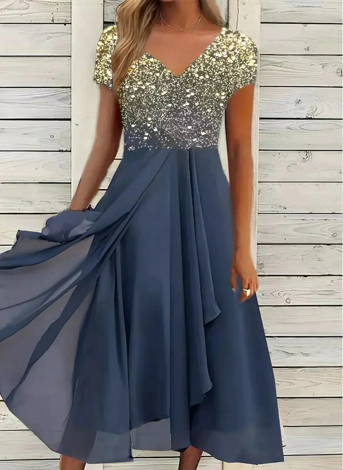 NOUVEAU RICHE Damen Chiffon Partykleid Exquisiten Stoff Stilvolles Design Gold Blau