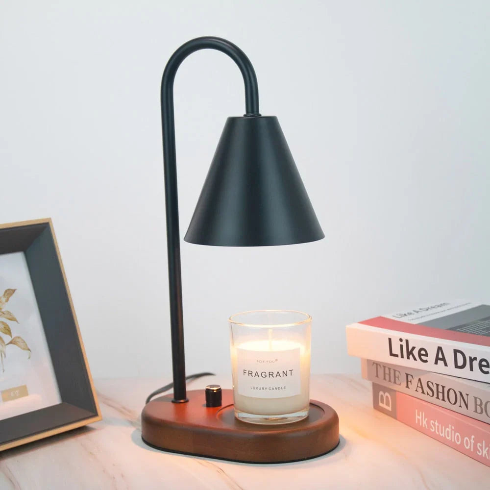 NOUVEAU RICHE Kerzenwärmer mit Dimmer – Candle Warmer Lampe mit Holzfuss & Metallschirm für Duftkerzen, ohne Flamme, inkl. 2 Lampen, 3 Farben