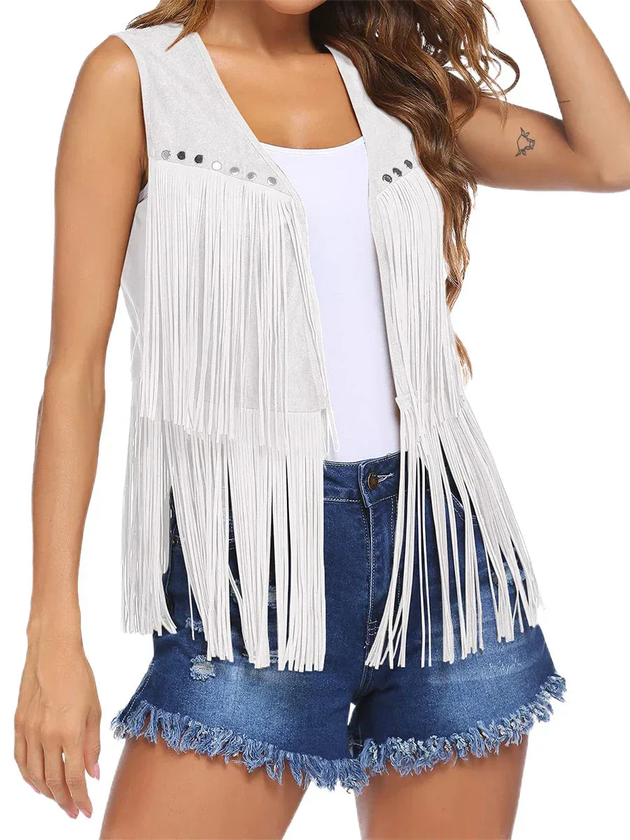 Roque | Γυναικείο γιλέκο | Αμάνικο, με κρόσσια και ανοιχτή μπροστινή πλευρά