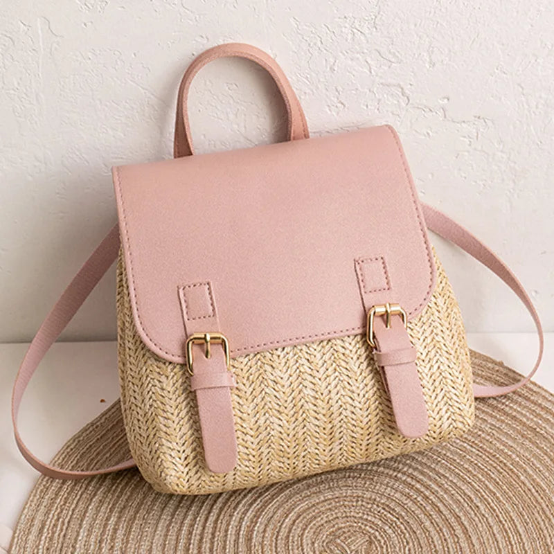 NOUVEAU RICHE Damen Vintage Gewebter Rucksack - Boho Sommer Strohtasche - Backpack Pink