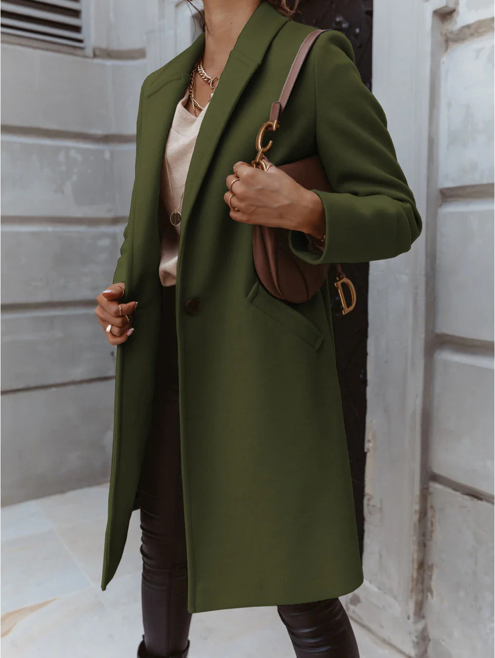 NOUVEAU RICHE Langer Mantel Mit Revers Und Knopf Für Jeden Tag Stil - Winterjacke - Wintermäntel Damen Grün